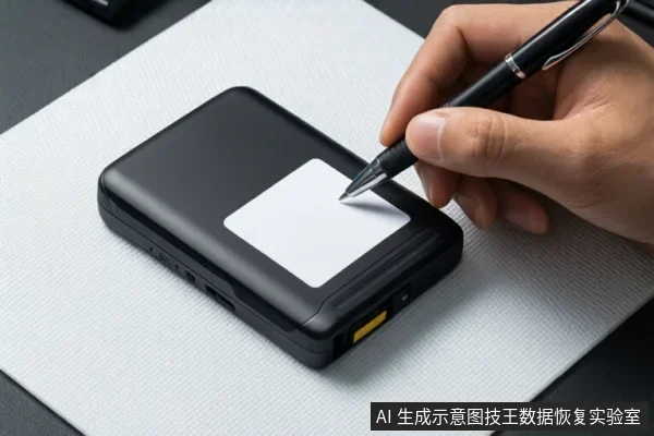 一只手握着黑色钢笔,正在移动硬盘的白色标签上书写,设备侧面可见接口和黄色按键。