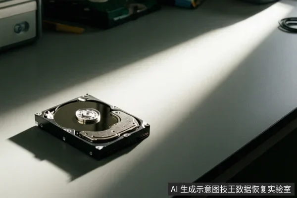 桌面上放置着一块机械硬盘,旁边有模糊的电脑设备,光线从一侧照射。
