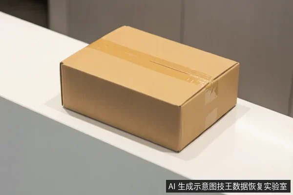 白色台面上放着一个用透明胶带封口的棕色纸箱,背景为灰色墙面,画面中无人物。