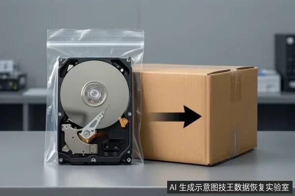 透明密封袋内放一块开盖机械硬盘,盘片与磁头臂清晰可见,右侧棕色纸箱印有向右黑色箭头,整体置于灰色台面上。