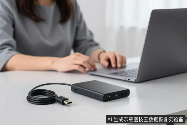 灰色上衣女性坐在桌前使用笔记本电脑，桌面放着一块黑色移动硬盘，旁边有一根USB线缆