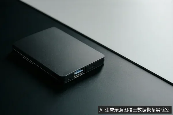 黑色移动硬盘斜放在深色桌面上,侧面可见USB接口,背景为浅色墙面。