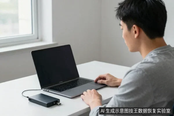 一名亚洲男性坐在白色桌前使用笔记本电脑,桌面左侧放着一块黑色外置硬盘,通过数据线连接电脑。