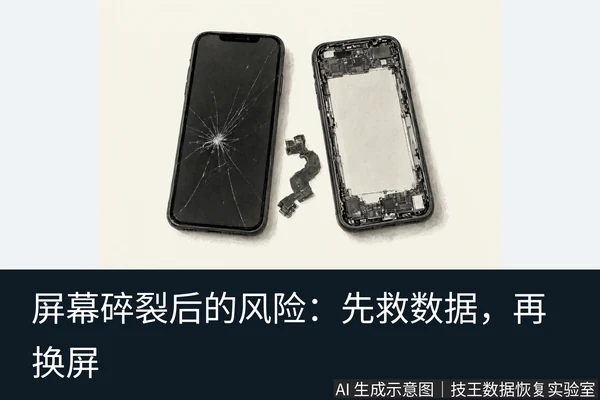 文章内容场景示意图：屏幕碎裂后的风险：先救数据，再换屏