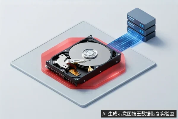 一块打开的机械硬盘放在红色垫层上,右侧有蓝色数据流连接至三层堆叠的存储设备。
