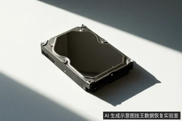 一块机械硬盘平放在白色桌面上,阳光斜射形成阴影,可见金属顶盖和接口区域。