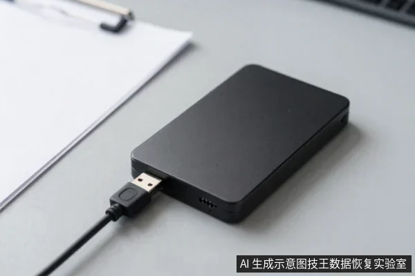 灰色桌面上放置一块黑色外置硬盘,USB数据线插在硬盘接口上,旁边有夹着白纸的写字板。