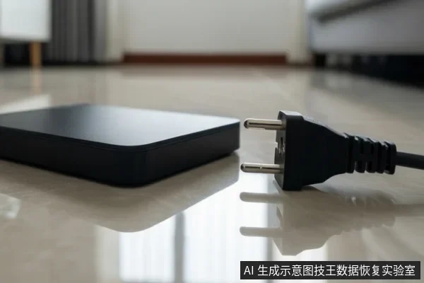 浅色瓷砖地面上平放一块黑色外置移动硬盘，右侧是一个未插入插座的两脚电源插头，背景为虚化的室内窗帘与家具。