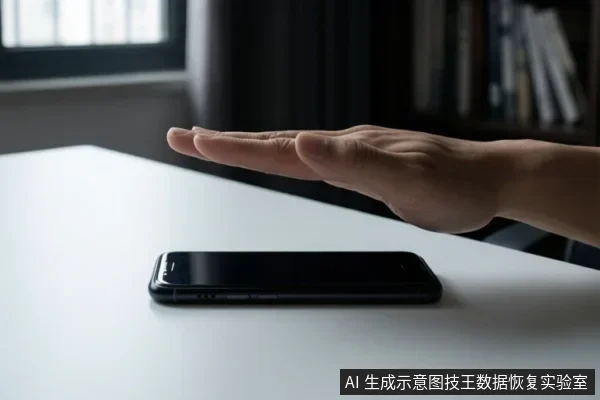 一只手平放在白色桌面上方，下方有一部黑色智能手机平放，背景为室内书架和窗户。