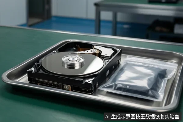 绿色桌面上金属托盘内放着一个开盖机械硬盘,可见盘片与磁头臂,旁边有一个装着黑色物体的透明防静电袋,背景为模糊实验室环境。