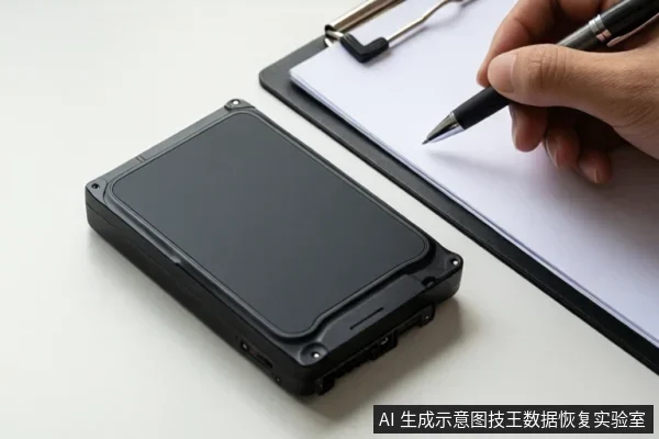 白色桌面上放置一块黑色机械硬盘,旁边有写字夹板,一只手正握笔在纸上书写。