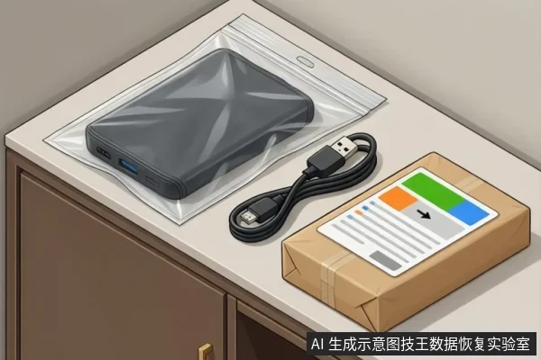桌面自封袋内放置深灰色外置硬盘盒，旁有USB数据线与贴彩色标签的牛皮纸快递盒，示意介质保护与寄修准备。