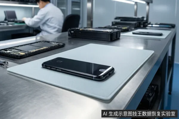 洁净室工作台面上放着黑色智能手机、拆解中的手机主板和黑色设备，背景有穿白大褂的工作人员。