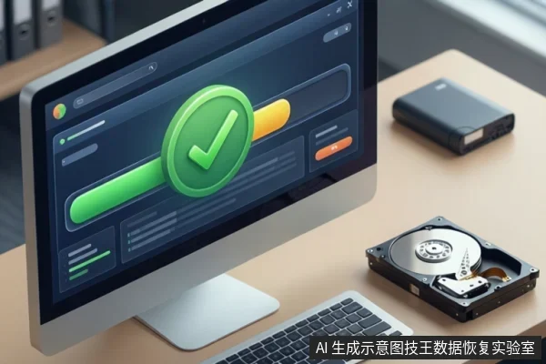A desktop monitor displays a green checkmark and progress bar next to an open hard drive on a desk.