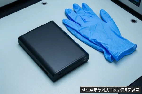 白色防静电工作台上放置一个黑色移动硬盘,旁边有一副蓝色丁腈手套,背景可见设备边缘。