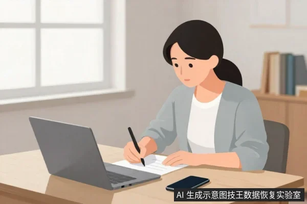 一名亚洲女性坐在桌前，面前放着一台灰色笔记本电脑，她右手持笔在纸上书写，桌上还有一部手机。