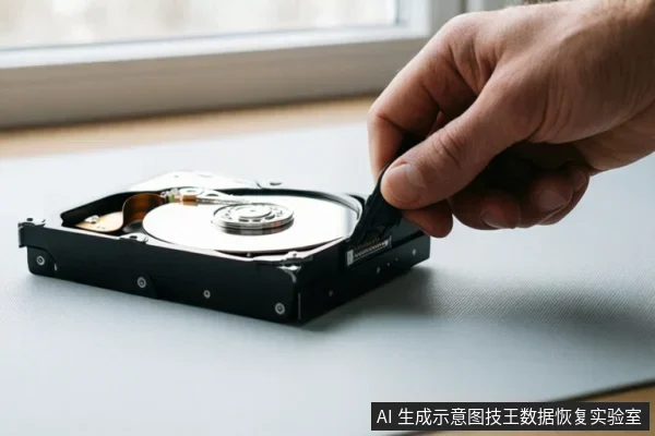 一只手正在将黑色排线插入放置在桌面上的机械硬盘接口处,硬盘内部盘片与磁头结构可见。