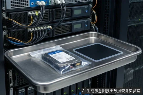 机房服务器机柜前,不锈钢托盘上放着一袋2.5英寸硬盘和一块黑色硬盘,背景可见网线与光纤线缆