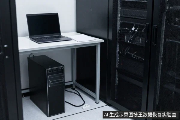 白色桌面上放着一台打开的黑色笔记本电脑,桌下地面有一台黑色台式主机,旁边是黑色机柜,机柜内可见多台存储设备。