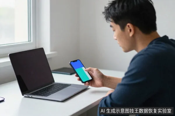 一名亚洲男子坐在白色桌面前,右手持手机查看屏幕,左侧放着一台打开的银色笔记本电脑,屏幕呈暗色。