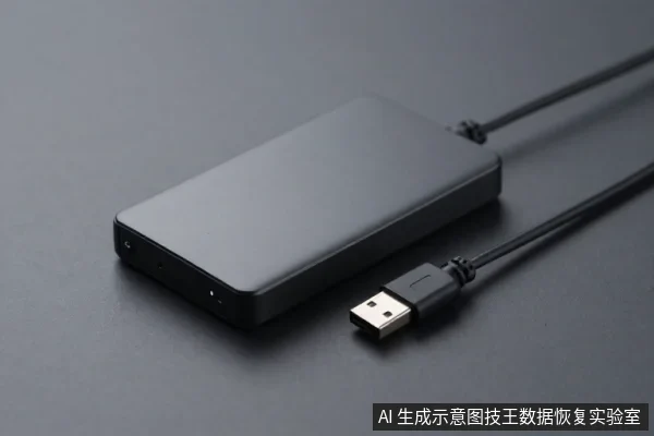黑色长方形外置硬盘平放于深色桌面,侧面有指示灯,USB数据线插头置于一旁。