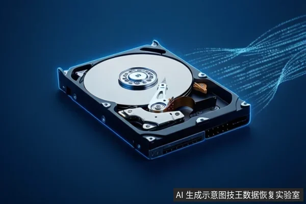 蓝色背景中展示一块打开外壳的机械硬盘，可见盘片、磁头臂和接口，右侧有蓝色数据流线条。