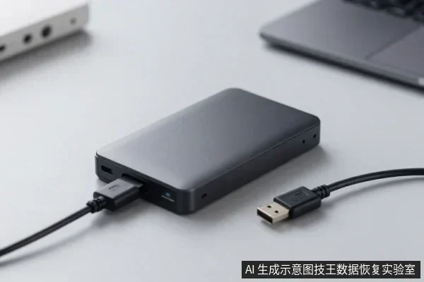 黑色移动硬盘平放在浅色桌面，USB数据线插在硬盘侧面接口，另一端USB插头搁在桌面，背景有笔记本电脑