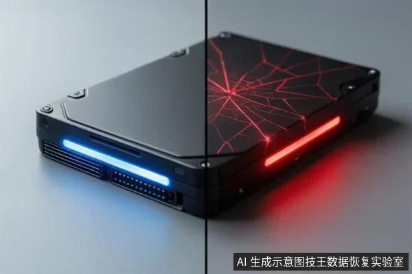 一个黑色移动硬盘盒的对比示意图，左侧显示蓝色指示灯和SATA接口，右侧显示红色指示灯和裂纹图案。