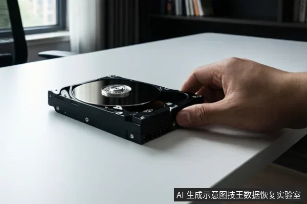 一只手在白色桌面上扶住一块打开顶盖的机械硬盘，可见盘片、主轴和接口，背景为室内办公环境。