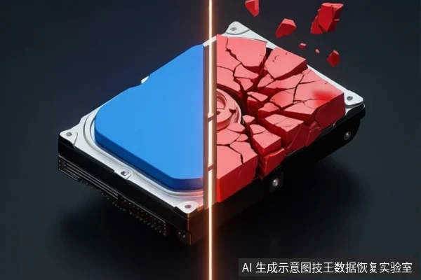 一个硬盘被垂直光束分为两半,左侧蓝色表面完整,右侧红色表面碎裂并飞溅出碎片。