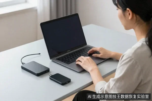亚洲女性坐在桌前使用笔记本电脑,桌面左侧放着一个黑色移动硬盘和一个小型USB存储设备。