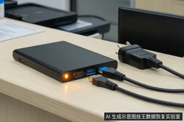 木桌上放黑色移动硬盘，前端橙色指示灯亮起，插着蓝色USB线，旁有悬空USB-C插头和两脚电源插头，背景为显示器。