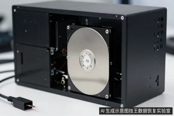 黑色外置硬盘盒侧盖打开,露出内部银色盘片和中心固定螺丝,左下角有一根黑色电源线插头
