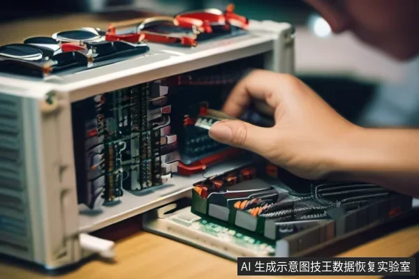 打开的机箱内部,一只手正伸入检查或安装硬盘模块,顶部可见硬盘与红色连接线,内部电路板与线缆密集排列。