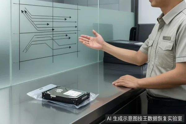 穿浅色衬衫的亚洲男性站在金属桌旁抬手讲解,桌上防静电袋内放一块3.5寸机械硬盘,背景玻璃墙绘有黑色线条箭头示意图。