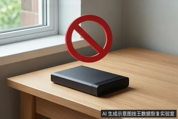 木桌上放着一台黑色移动硬盘，上方悬浮一个红色禁止符号，背景为窗边室内环境。