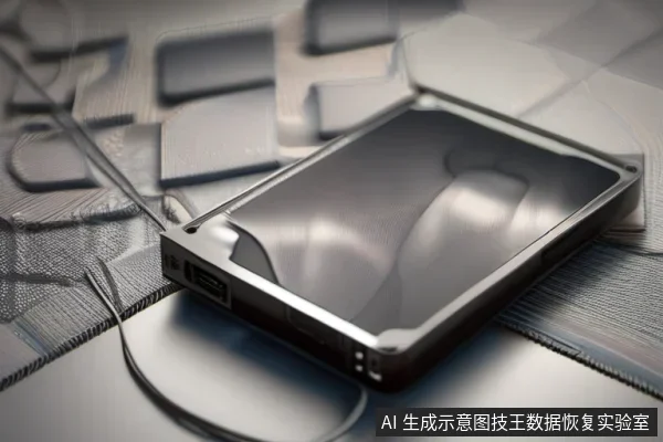 一个打开顶盖的硬盘斜放在键盘状背景上,露出圆形金属盘片,侧面可见数据与电源接口,旁边有一根细线缆。