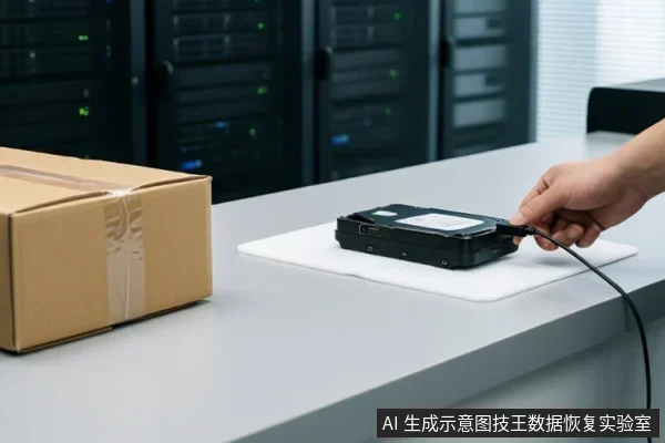 机房背景前,一只手正将数据线插入桌面上的机械硬盘,旁边放着一个纸箱。