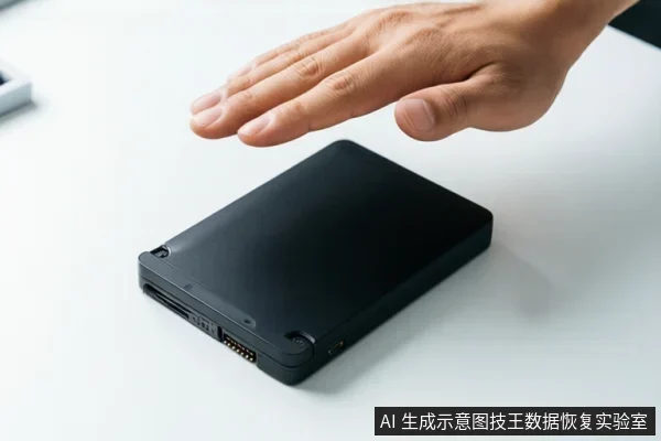 白色桌面上放置一个黑色移动硬盘,前端可见接口与按钮,上方有一只手悬停在设备上方,未接触。
