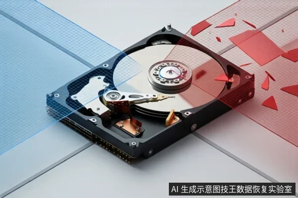 一块打开外壳的机械硬盘，可见盘片、主轴和磁头臂，上方覆盖蓝色网格与红色碎裂玻璃状图形。