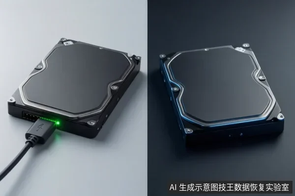画面展示两个黑色硬盘状设备,左侧设备连接USB线并亮绿灯,右侧设备亮蓝灯,背景分别为浅色和深色。