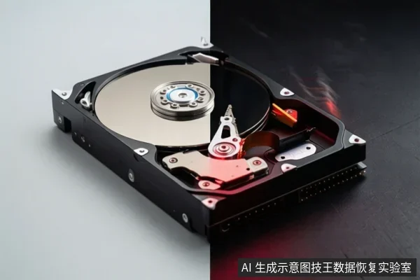 一块打开外壳的机械硬盘,可见金属盘片、主轴、磁头臂和接口,背景为明暗对比的桌面。