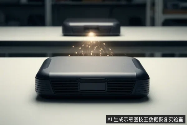 白色桌面上放置一台黑色扁平电子设备,正面有横向格栅和中央矩形区域,设备上方有金色光点向上散射,背景虚化处有另一台相似设备。