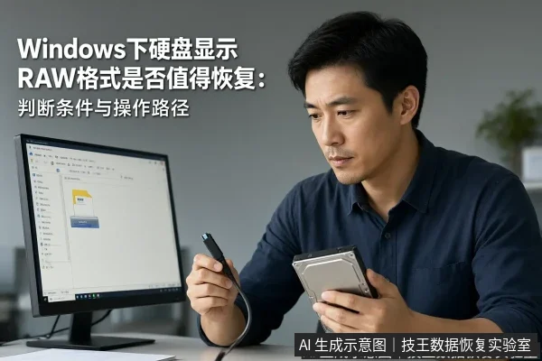文章内容场景示意图:Windows下硬盘显示RAW格式是否值得恢复:判断条件与操作路径
