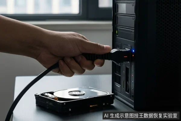 一只手正将黑色线缆插头插入黑色机箱后部接口,桌面上放置一块裸露的机械硬盘,背景为室内窗边环境。
