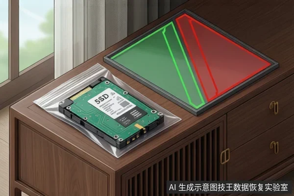 木桌上放着一块装在透明防静电袋中的SSD固态硬盘,旁边是一台显示红绿分区的平板检测设备。