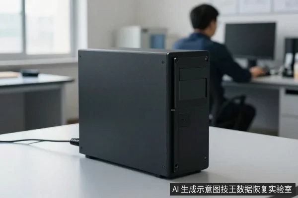 办公桌上放置一台黑色台式电脑主机，侧板朝向镜头，后方有一名男子坐在电脑前办公。