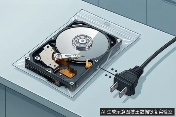 开盖机械硬盘平放在透明防静电袋上,盘片与磁头臂清晰可见,右侧两脚电源插头悬空未接入任何接口