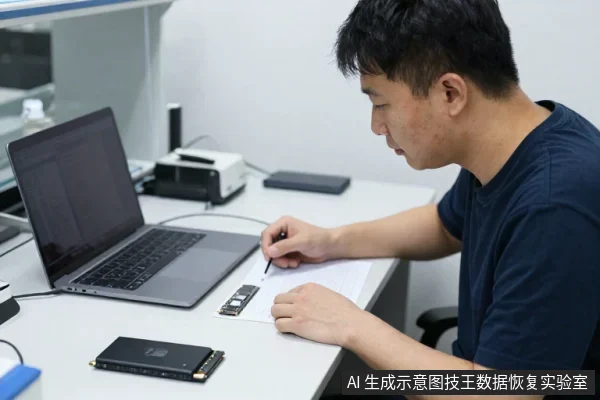 一名亚洲男性坐在白色办公桌前，手持笔在纸上记录，面前放着一台打开的笔记本电脑和两块M.2固态硬盘。