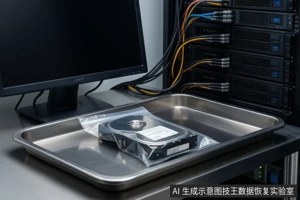 金属托盘内放着一块用透明袋封装的3.5寸机械硬盘，左侧为黑屏显示器，右侧是带彩色线缆的服务器机柜。